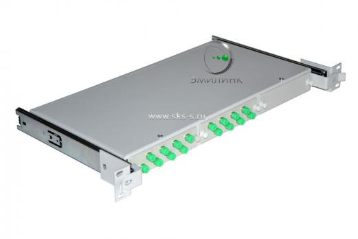 Кросс 19" выдвижной, предсобранный 1U, 16 портов FC/APC, 9/125 мкм (планки, сплайс-кассета, пигтейлы, КДЗС, адаптеры)