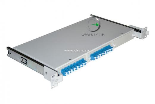 Кросс 19" выдвижной, предсобранный 1U, 16 портов LC/UPC duplex, 9/125 мкм (планки, сплайс-кассета, пигтейлы, КДЗС, адаптеры)