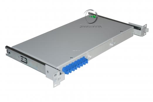 Кросс 19" выдвижной, предсобранный 1U, 8 портов SC/APC, 9/125 мкм (планки, сплайс-кассета, пигтейлы, КДЗС, адаптеры)