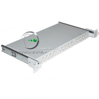 Кросс 19" выдвижной, предсобранный 1U, 24 порта FC/UPC, 50/125 мкм ОМ3 (планки, сплайс-кассета, пигтейлы, КДЗС, адаптеры)