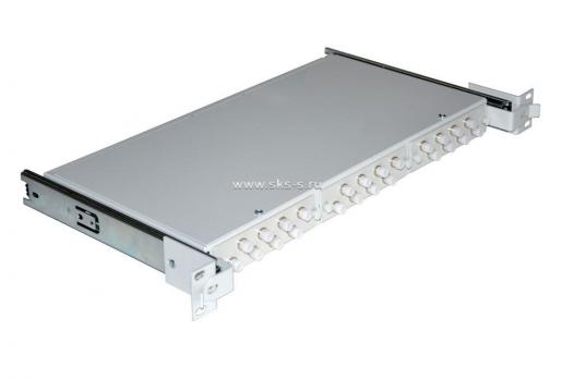Кросс 19" выдвижной, предсобранный 1U, 24 порта FC/UPC, 50/125 мкм ОМ4 (планки, сплайс-кассета, пигтейлы, КДЗС, адаптеры)