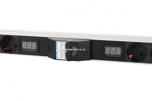Вертикальный блок розеток Rem-32 на 2 контура по 10 Sсhuko, 6 IEC 60320 C19 с авт. и амп., 2 ? 16 А, алюм., 42-48U, колодка