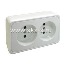 Розетка двойная открытой установки без заземляющих контактов с защитными шторками, (белый)