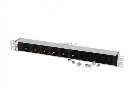 Блок розеток Rem-10 без шнура с инд., 6 Sсhuko, 5 IEC 60320 C13, вход IEC 60320 C14, 10 A, алюм., 19