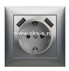 Розетка с з/к + 2хUSB разъем, 2А (сереб.металлик) LK60